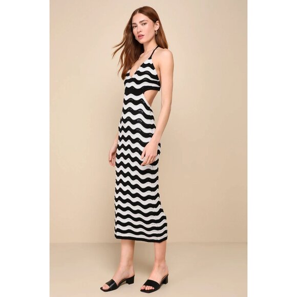 Seaside Afternoon Black and Ivory Striped Crochet Midi Dress Lulus size S - Picture 1 of 9
